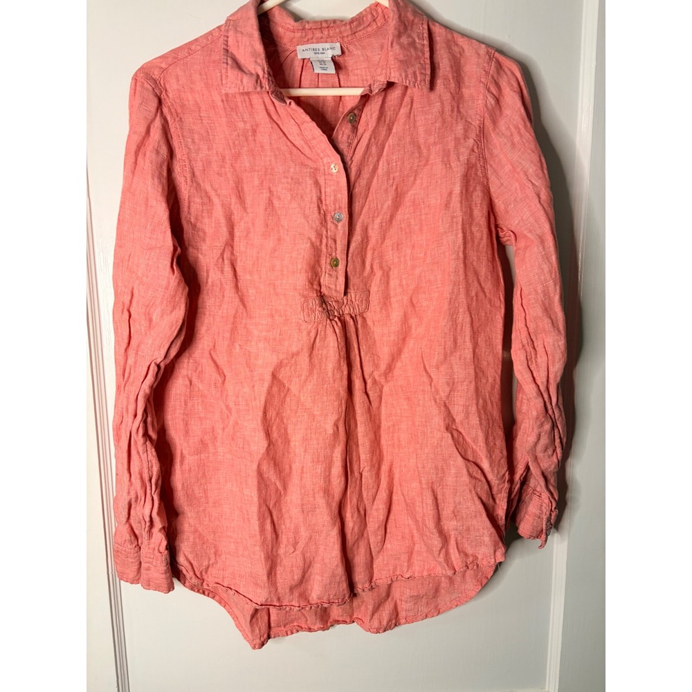 Antibes Blanc Womens Linen Tunic Top Coral Pink Henley Long Sleeve Shirt Size M‎